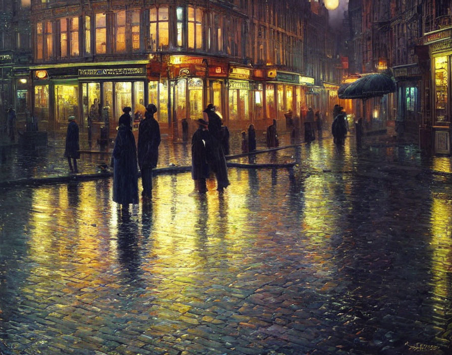 Night scene of people walking on rain-soaked cobblestone street