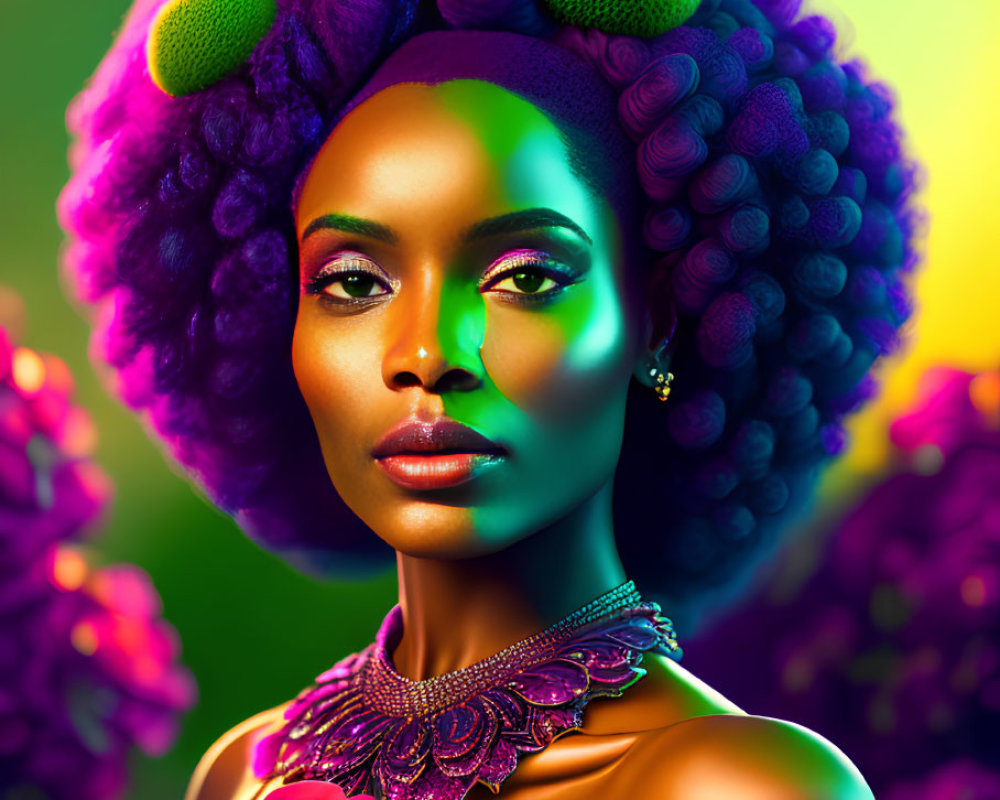 Colorful portrait of woman with purple afro and green spheres, wearing green eyeshadow and be