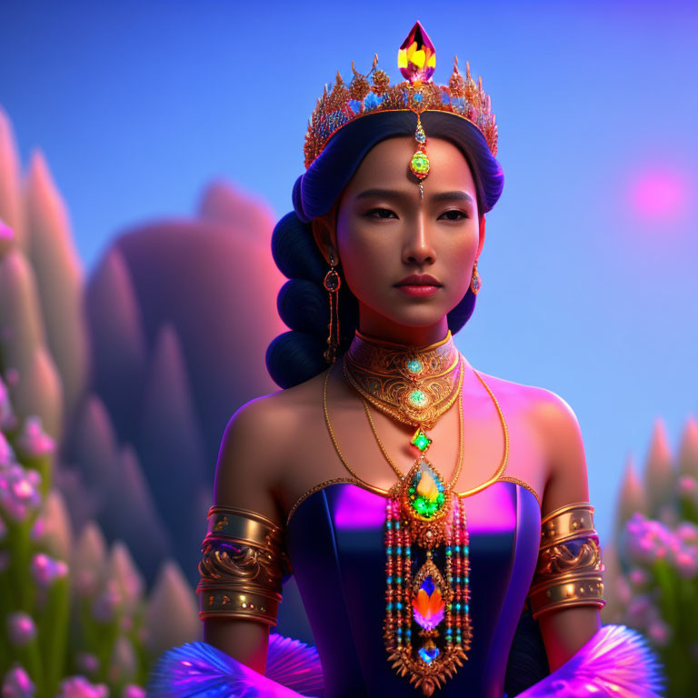 Digital artwork: Regal woman with crown and necklace, mountain and flower backdrop