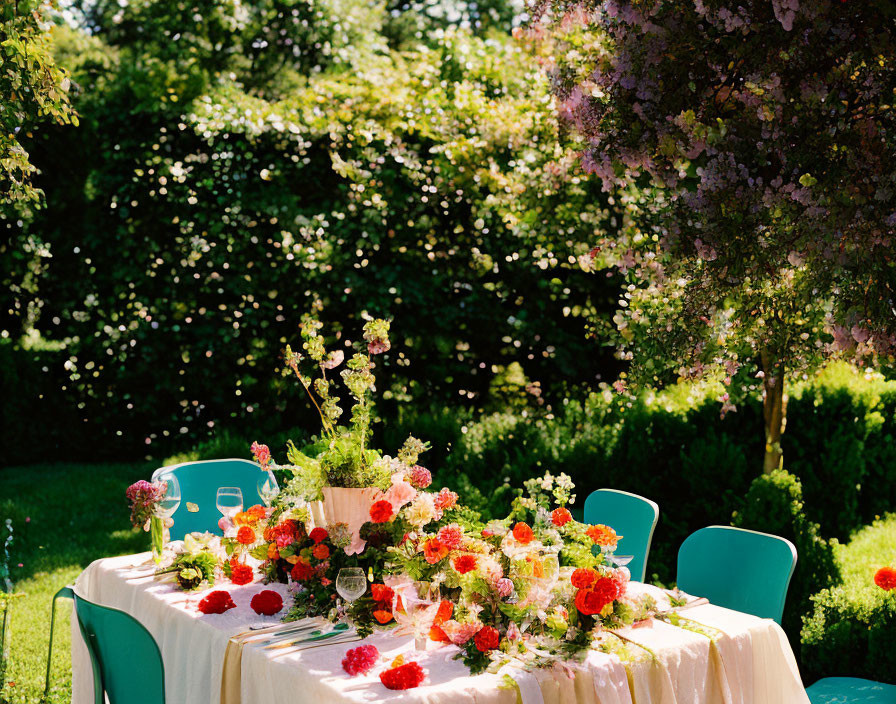 Colorful Floral Arrangements on Table in Sunlit Garden