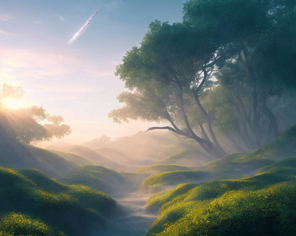 Lush green hills and shooting star in mystical forest landscape