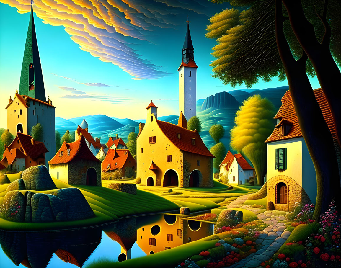 Colorful Fairytale Village Illustration with Whimsical Houses, Spires, River, and