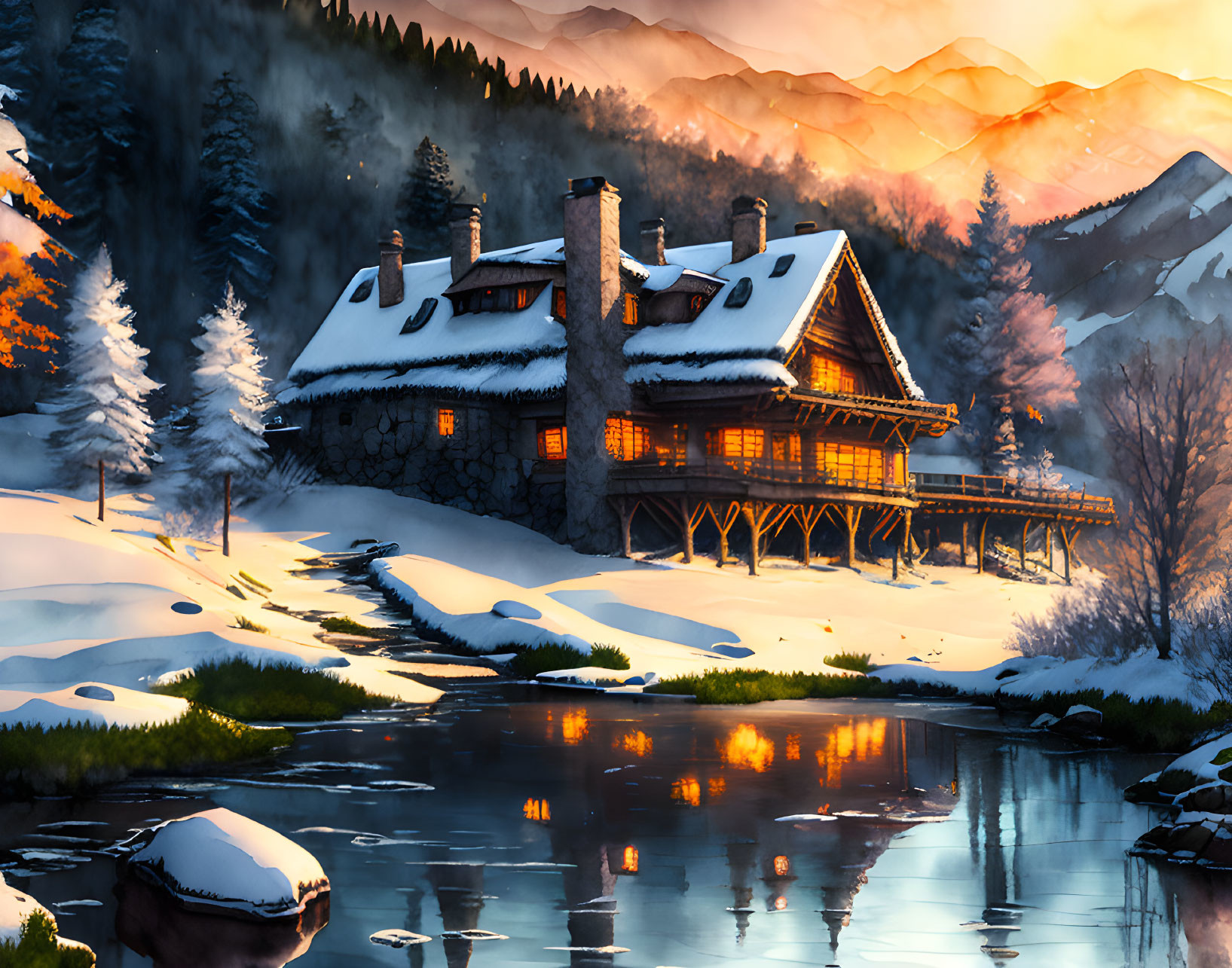 Snow-covered cabin in winter landscape near river at sunset