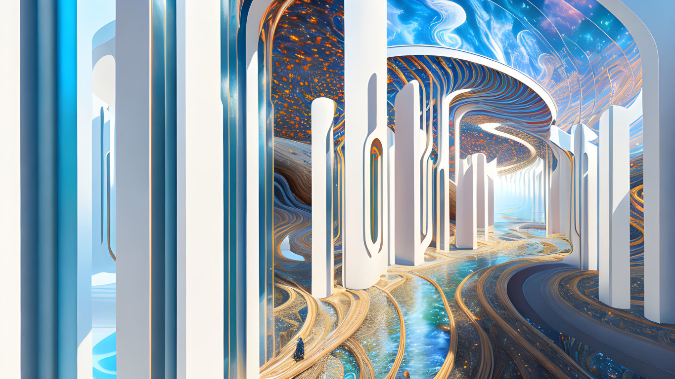 Futuristic corridor with reflective surfaces and abstract art merging under vivid swirling ceiling