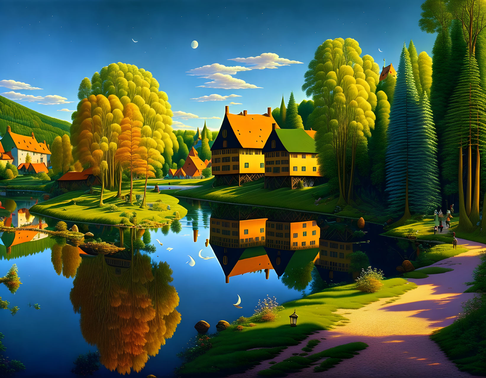 Idyllic landscape with reflective lake, traditional houses, lush trees, clear sky, and people.