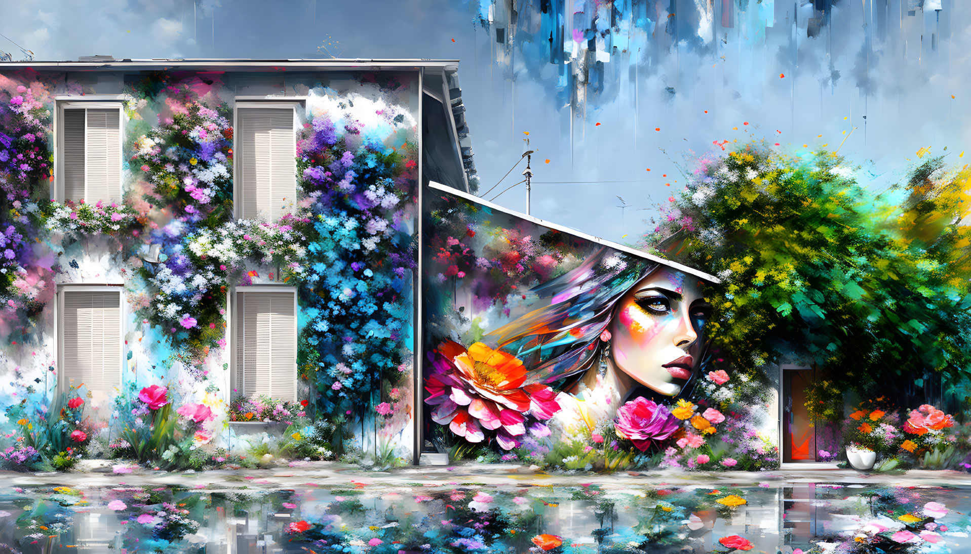 Colorful digital artwork: traditional house, flowers, surreal woman portrait