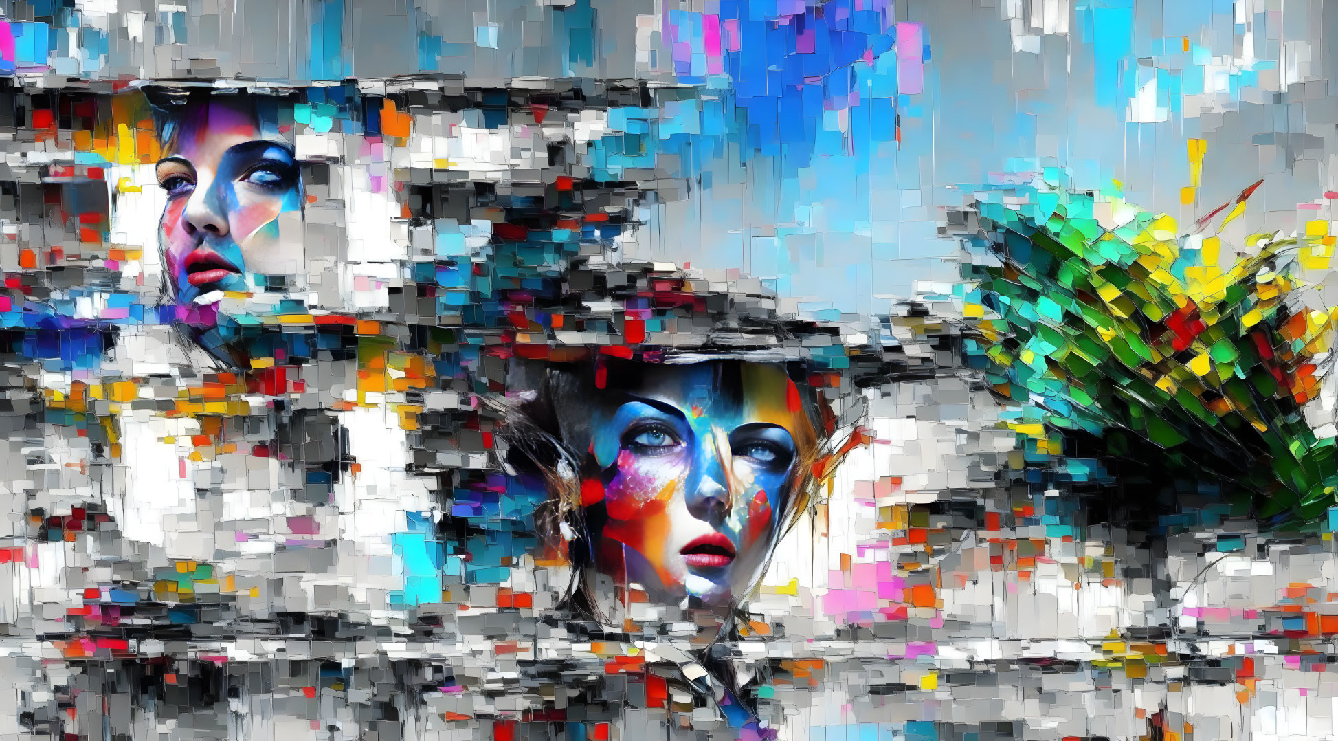 Vibrant multicolored brushstrokes on grayscale background depicting two female faces