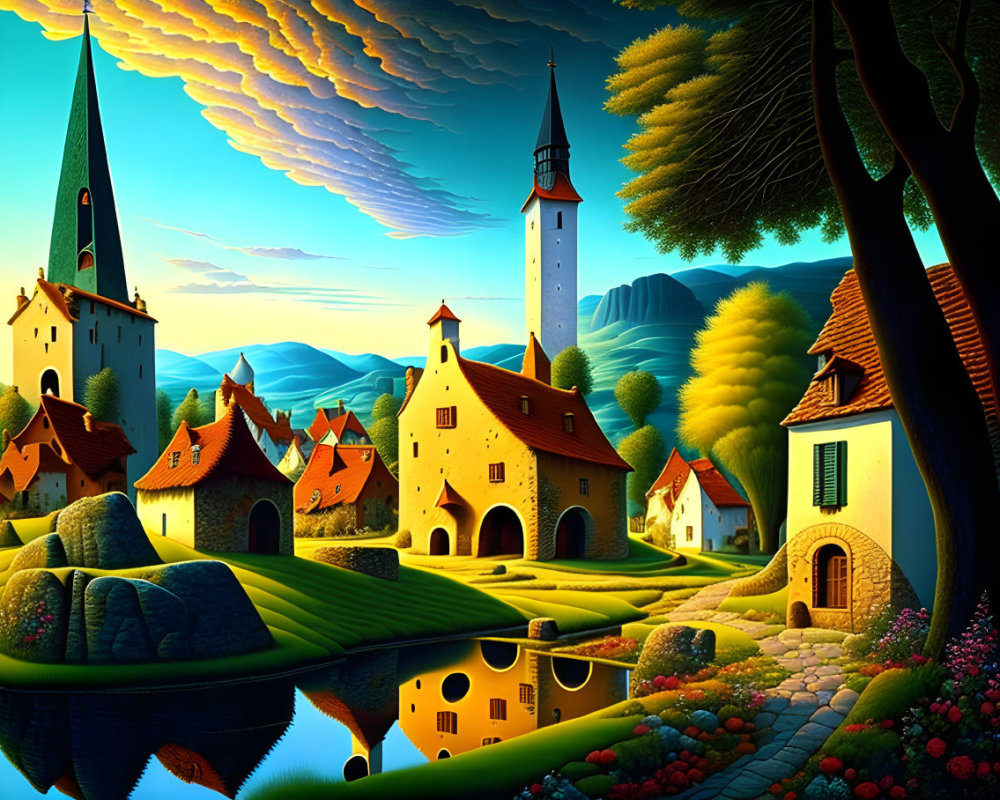 Colorful Fairytale Village Illustration with Whimsical Houses, Spires, River, and