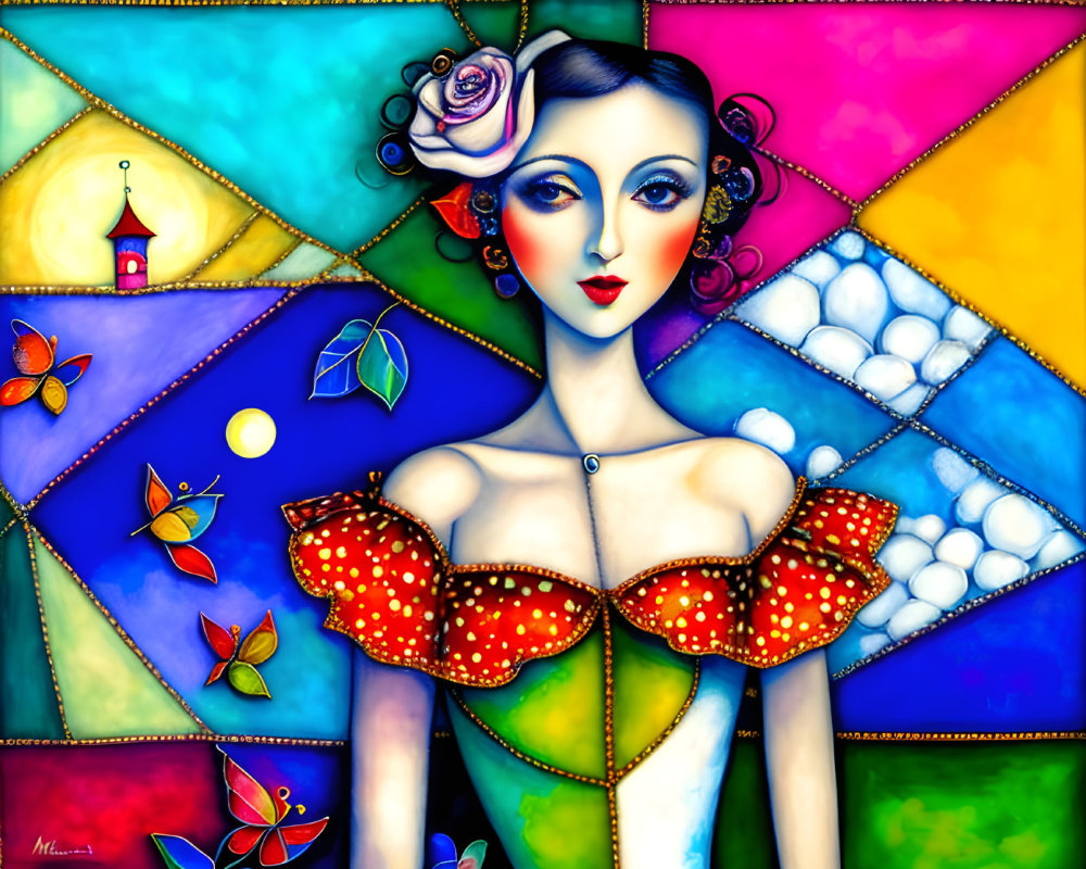 Vibrant painting of woman with rose, geometric shapes, butterflies