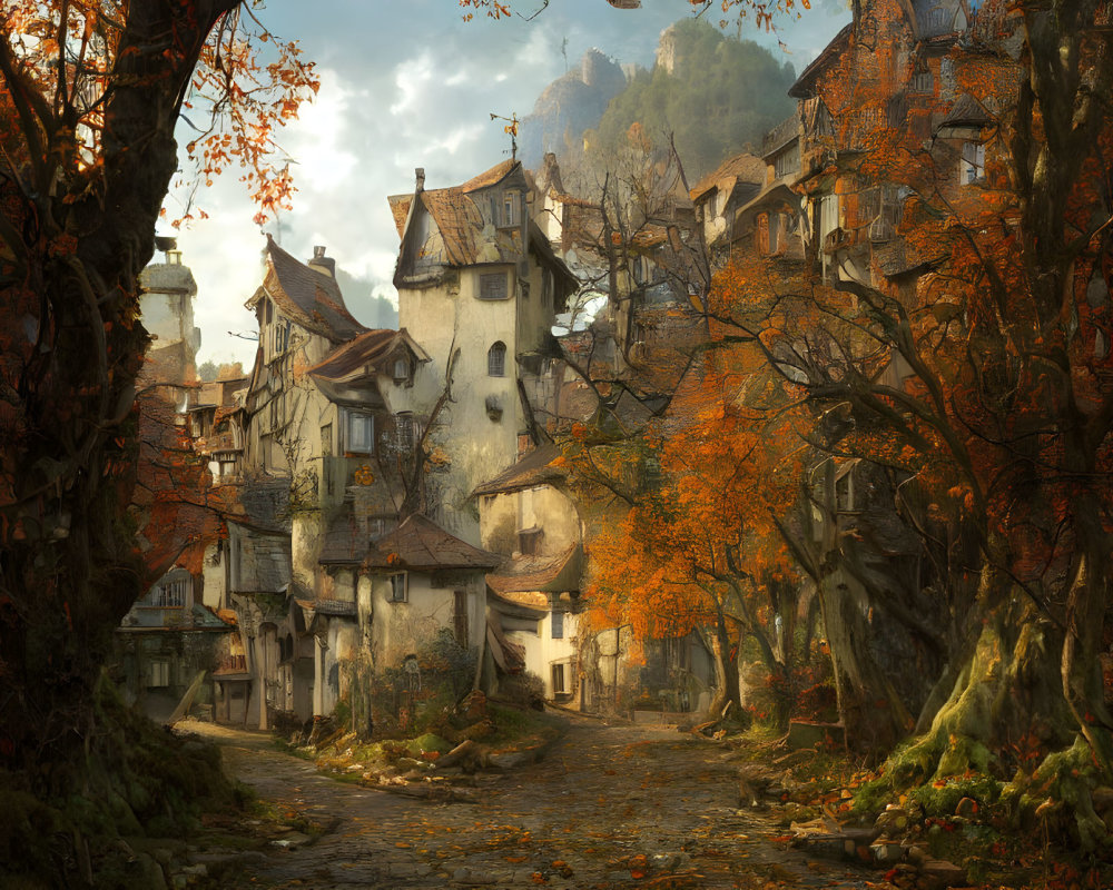 Medieval village with cobblestone paths, rustic houses, autumnal trees, warm sunlight, nestled