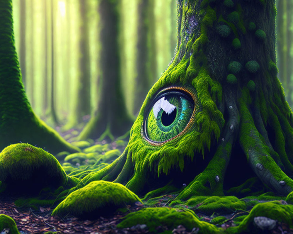 Fantastical forest scene with anthropomorphic green eye in moss-covered tree