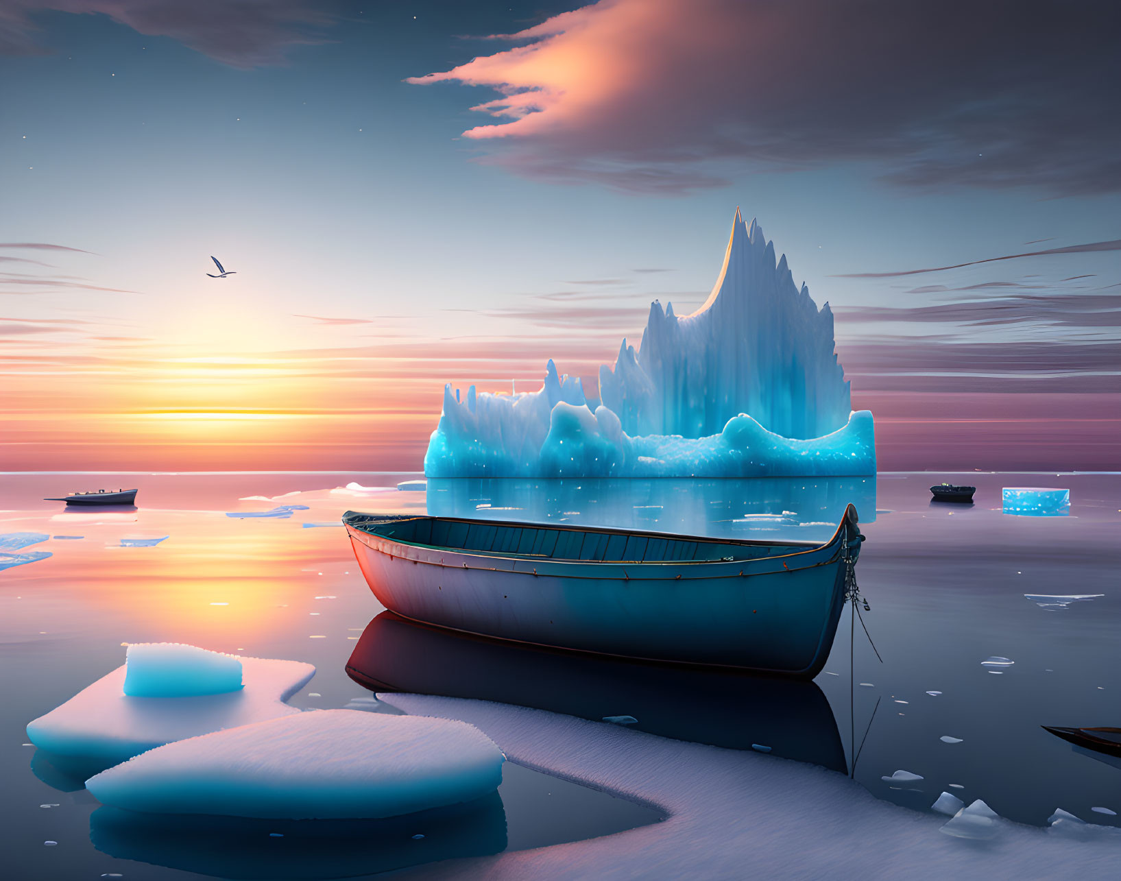 Tranquil dusk seascape with glacier, boat, and pastel sky