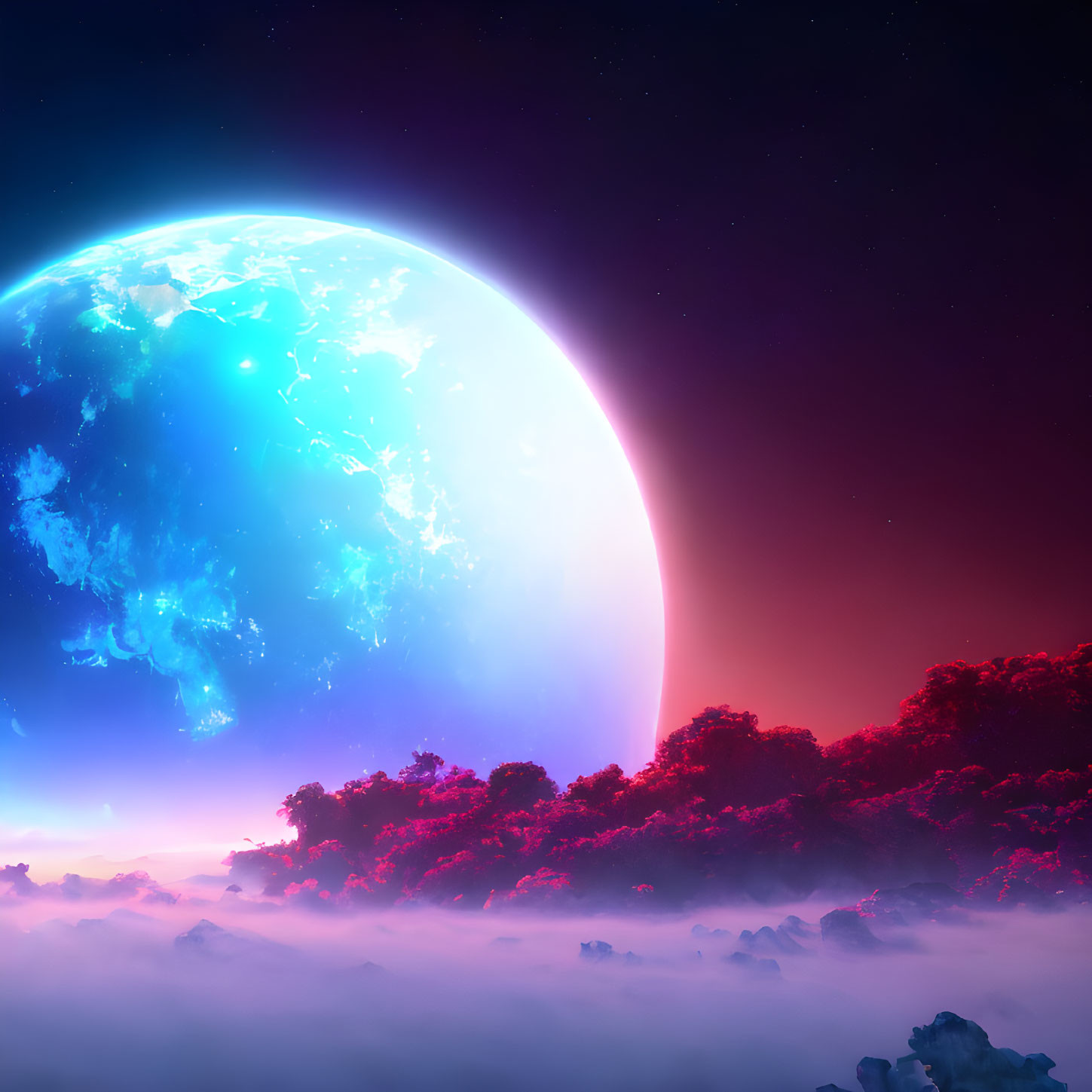 Luminous planet over misty forest in vibrant sci-fi landscape