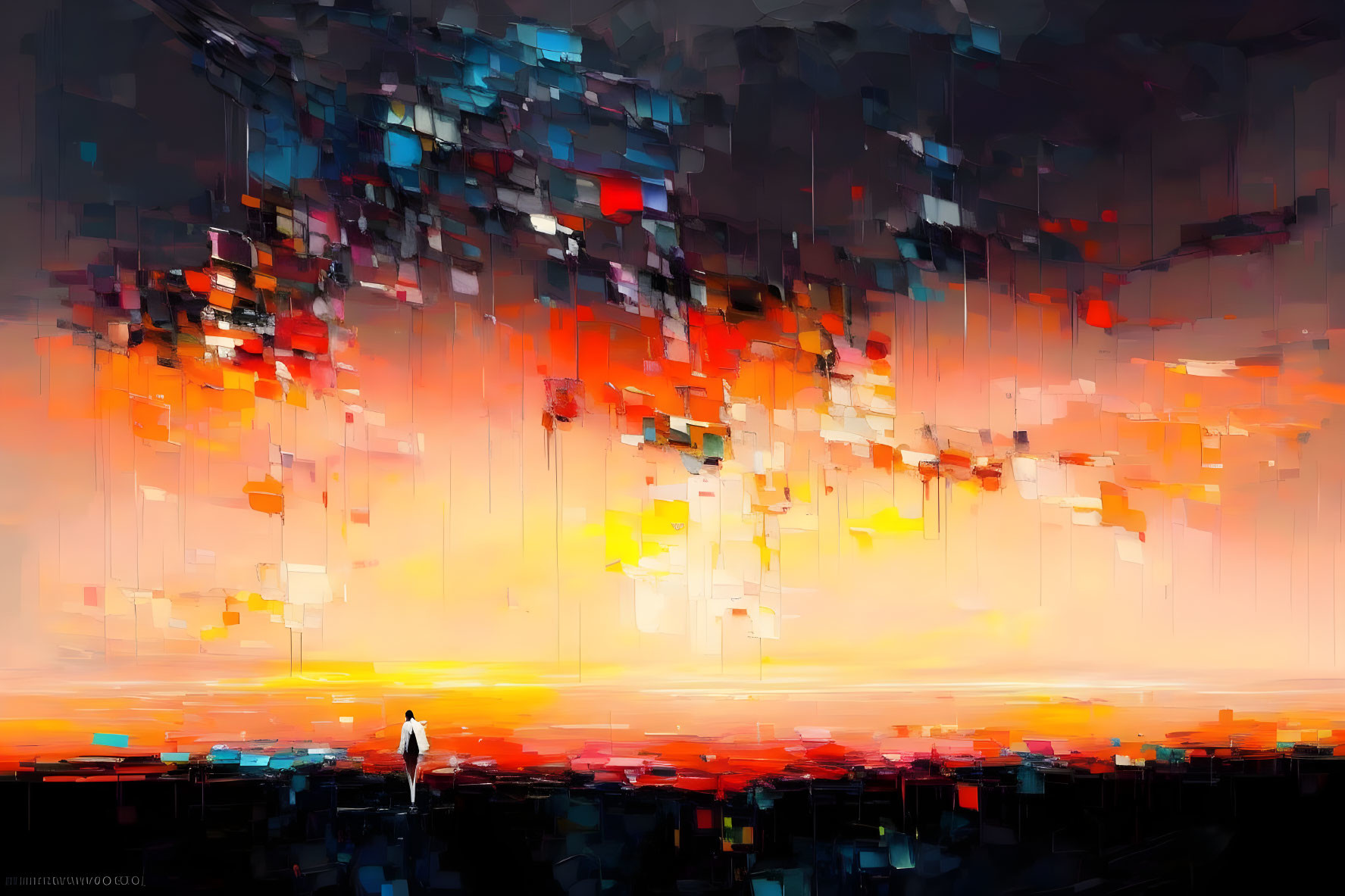 Colorful Abstract Painting with Figure and Cityscape in Sunset Hues