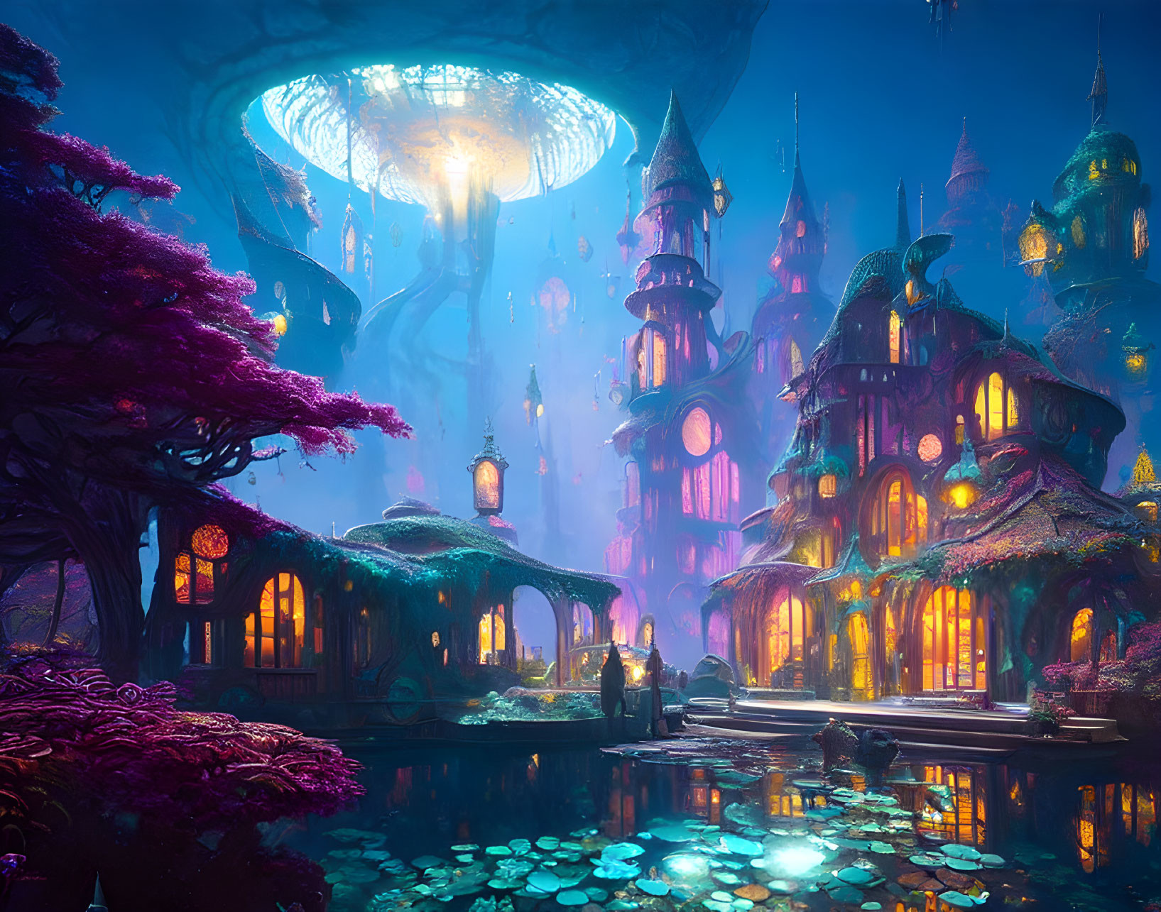Mystical fantasy city with glowing lights and vibrant pink foliage