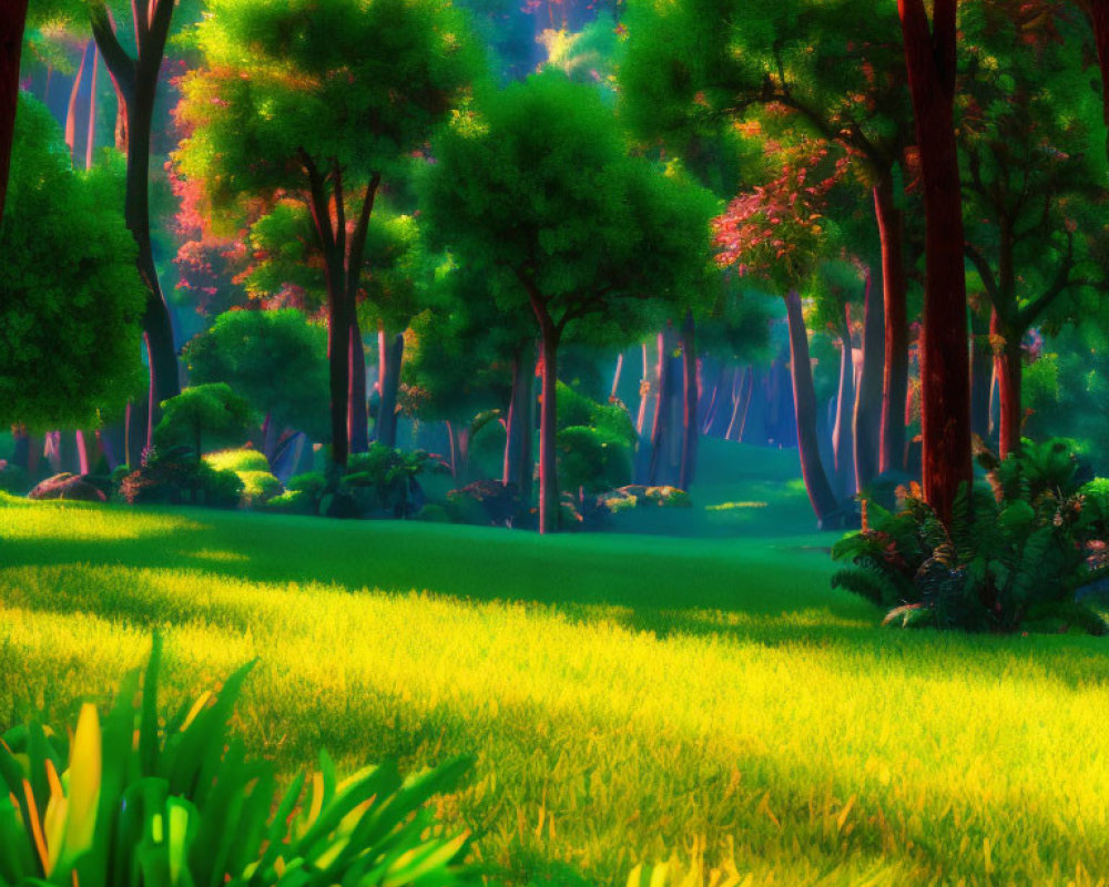 Lush Green Forest Scene with Pink Trees and Soft Sunlight