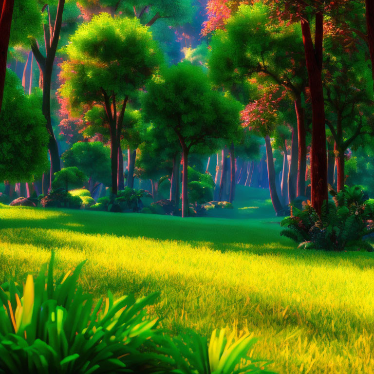 Lush Green Forest Scene with Pink Trees and Soft Sunlight