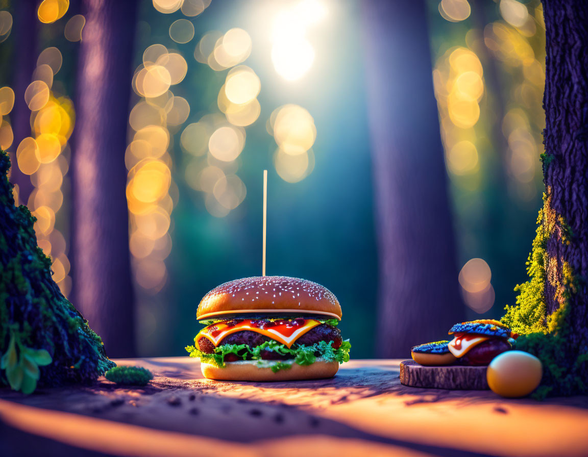 Burger and Pastry on Forest Table with Sunlight Filtering Through Trees