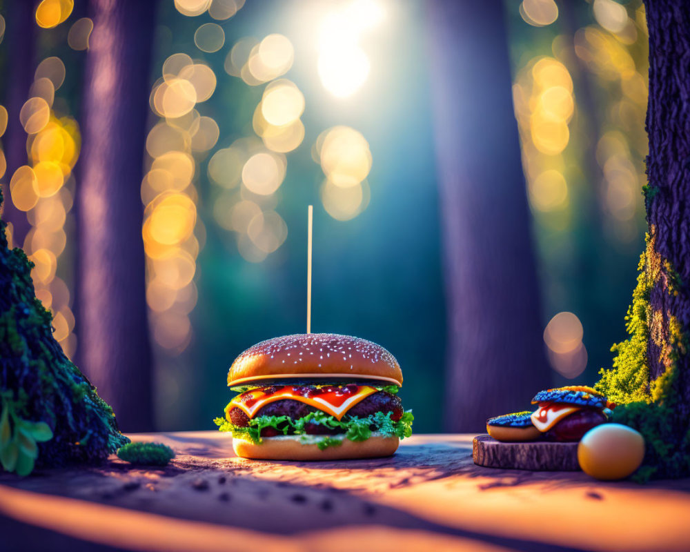 Burger and Pastry on Forest Table with Sunlight Filtering Through Trees