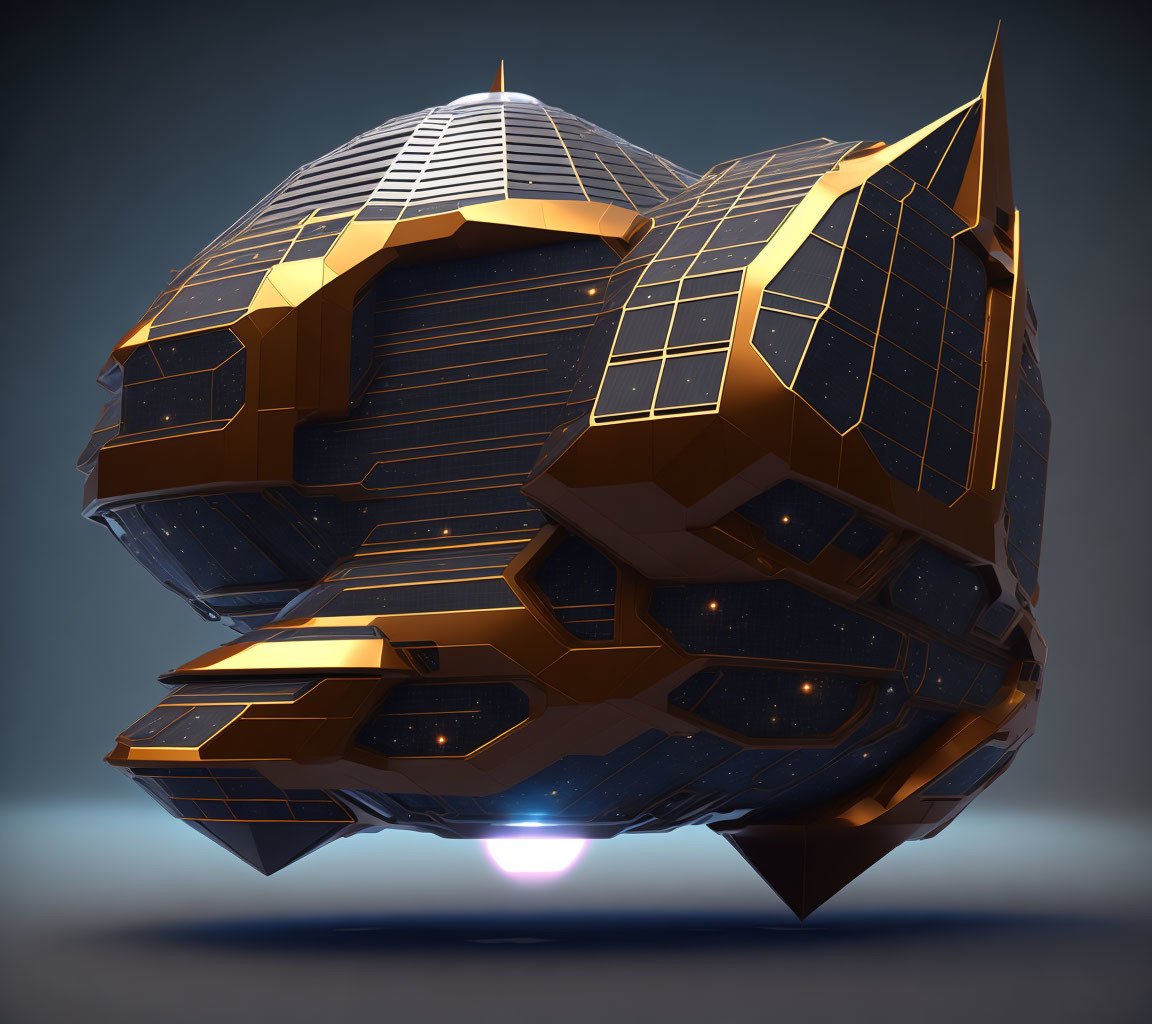 Spherical spaceship with gold and black panels on blue background