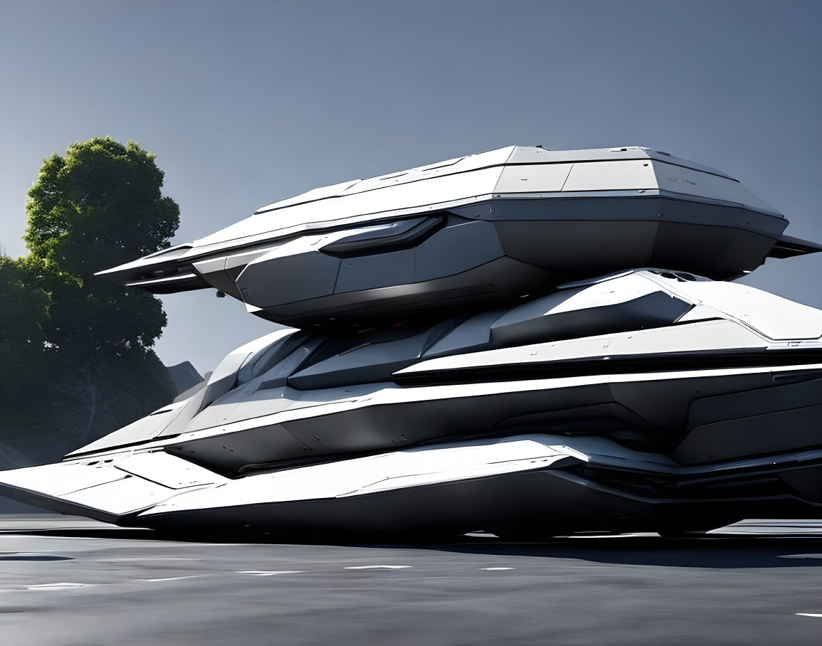 Futuristic white spaceship with layered armor design on reflective surface