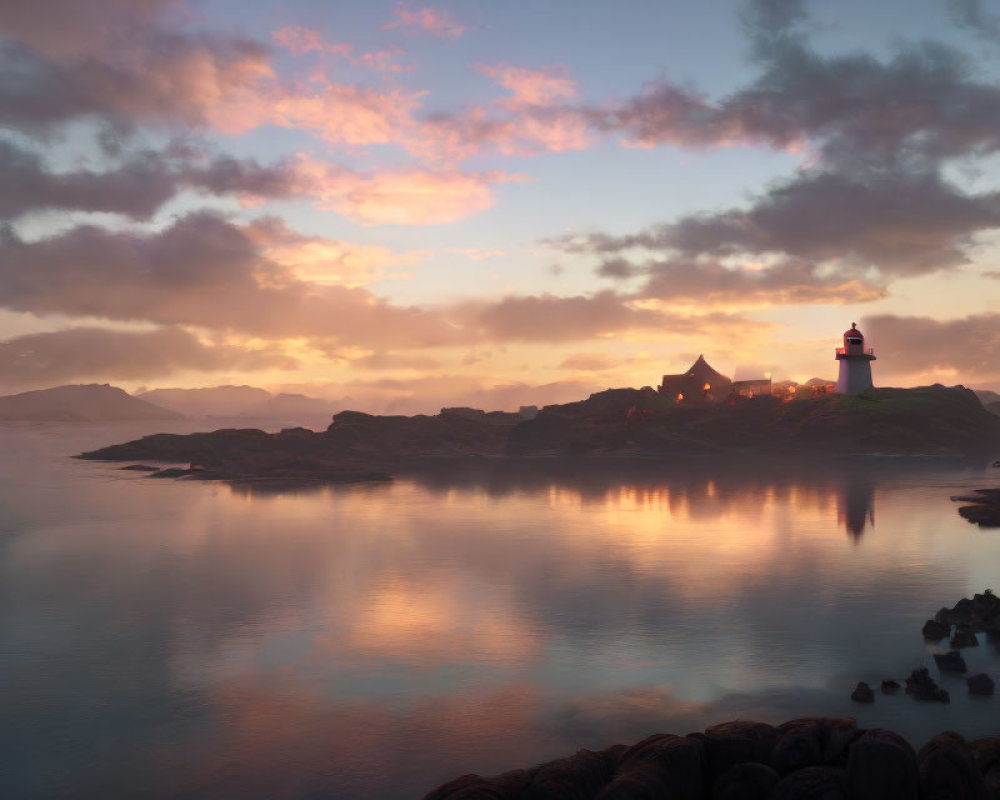 Tranquil dusk landscape with lighthouse on cliff by calm sea