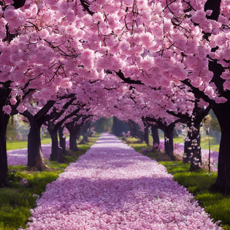 Tranquil Pathway with Pink Cherry Blossom Trees