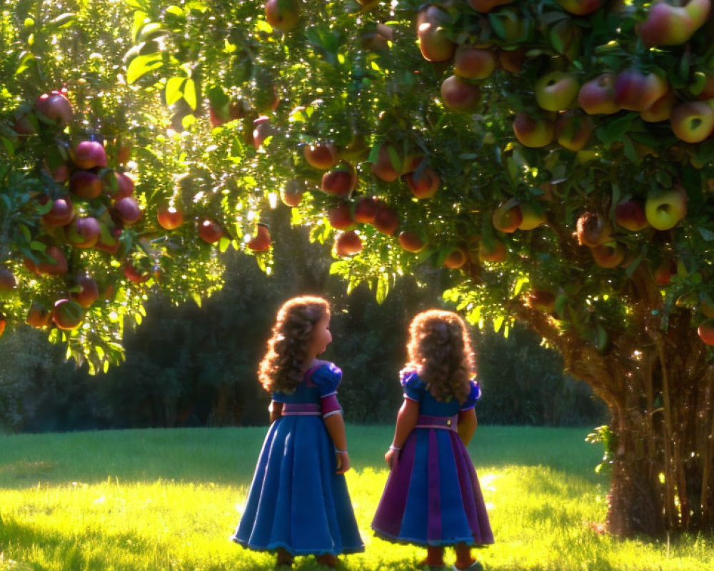 Young girls in dresses in sunny apple orchard.