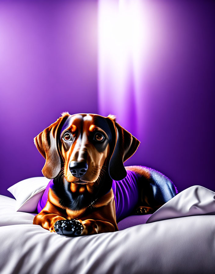 Shiny coat dachshund in purple sweater on white bed sheets