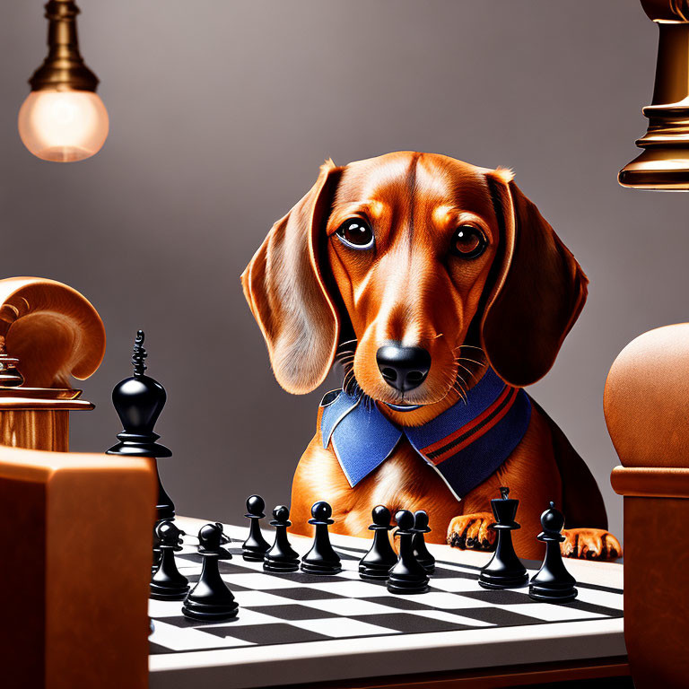 Dachshund in blue scarf poses with chessboard and oversized pieces