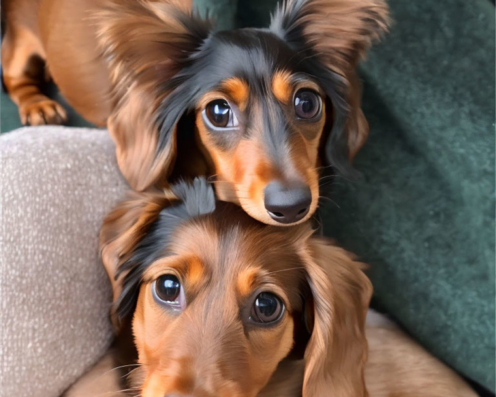 Two Dachshunds with Shiny Coats Cuddled on Green Sofa