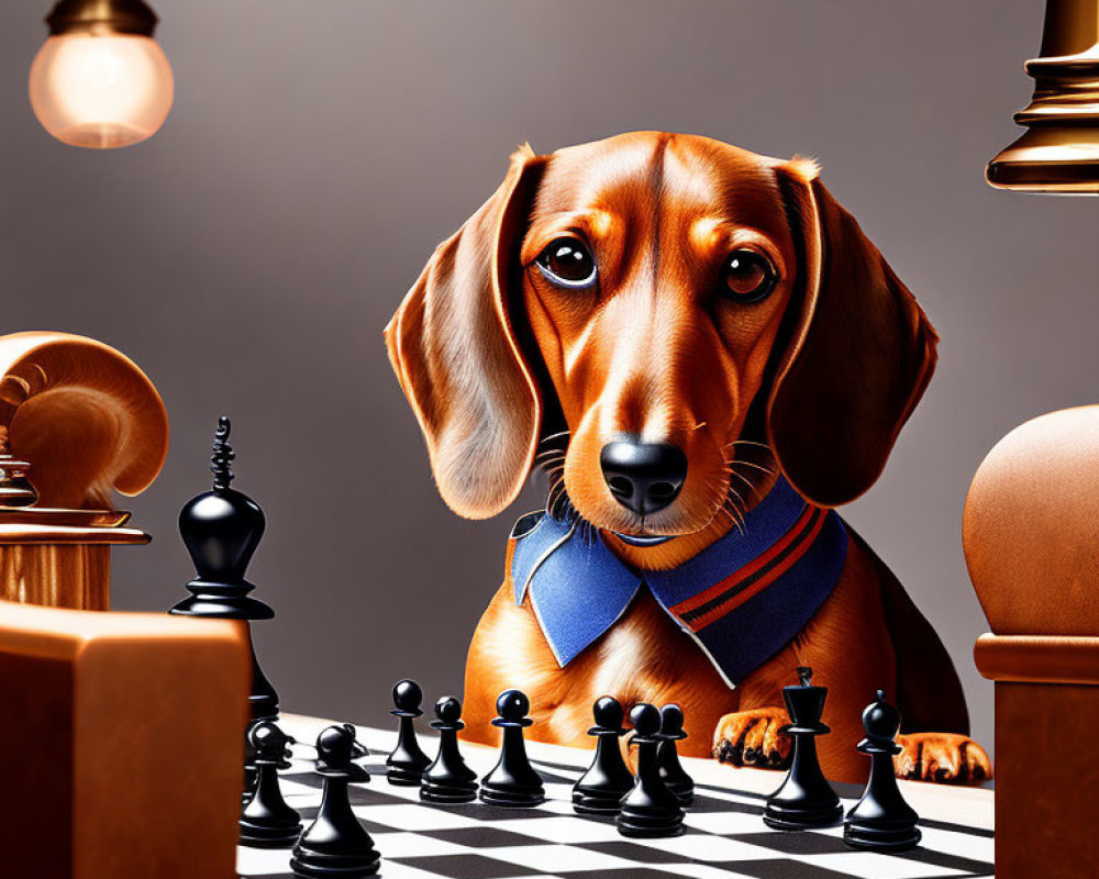 Dachshund in blue scarf poses with chessboard and oversized pieces