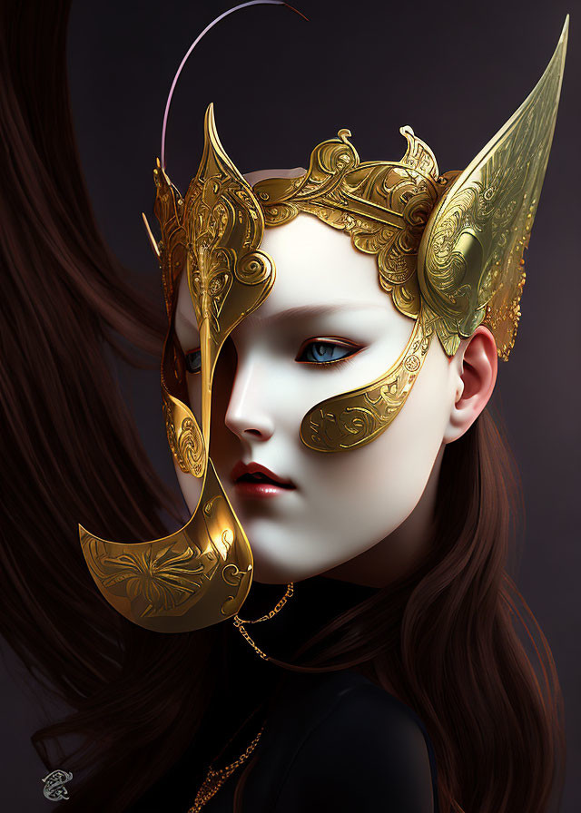 Porcelain-complexioned person in gold mask with horn-like protrusions