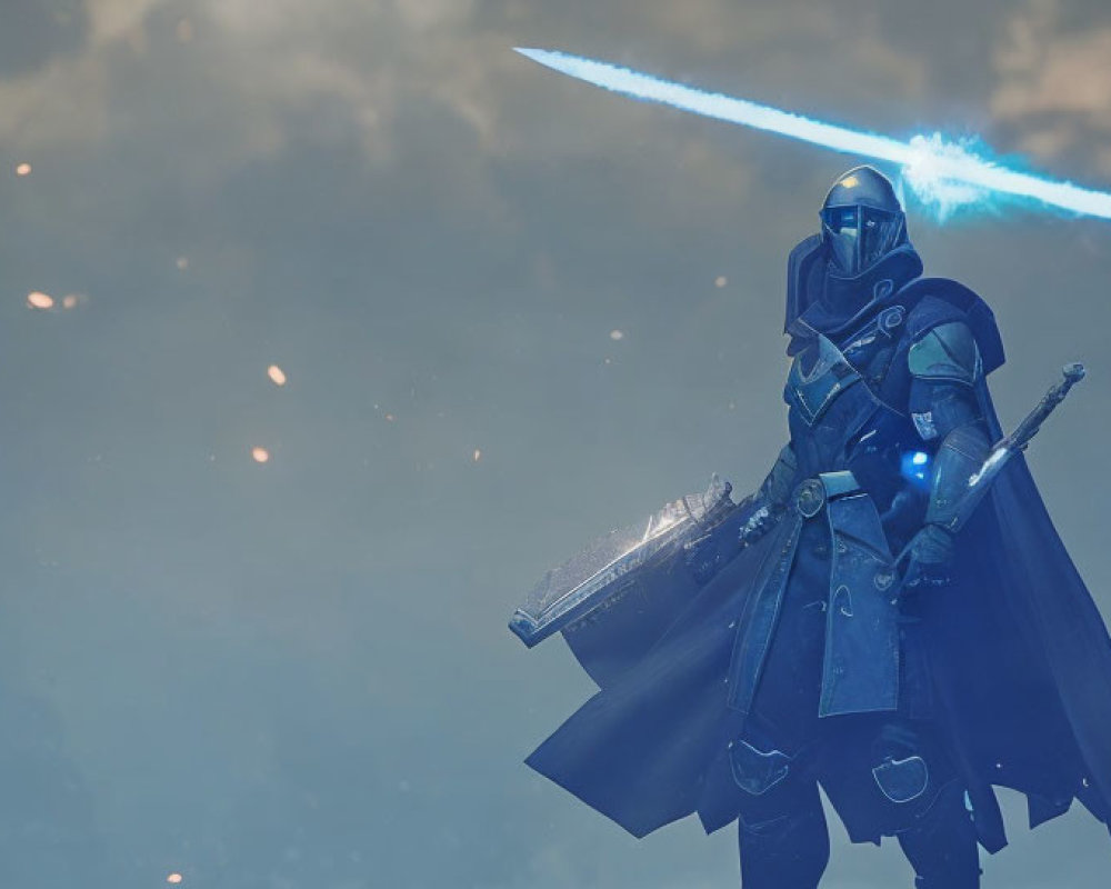 Futuristic knight in blue armor with glowing sword under cloudy sky