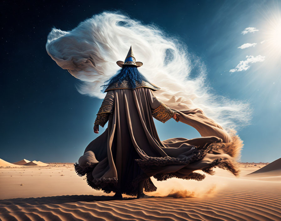 Wizard in Blue Hat and Cloak Stands in Desert with Pyramids