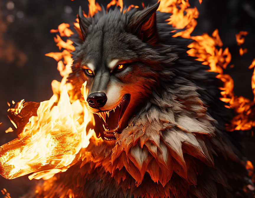 Digital Art: Flaming Wolf with Glowing Eyes