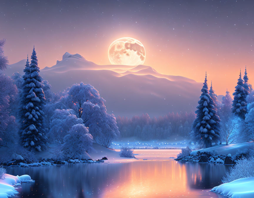 Winter night scene: Full moon over snow-covered river, mountains, and starry sky
