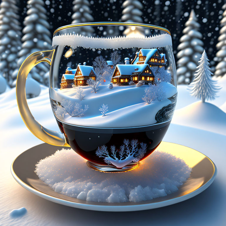 Winter Village Scene in Transparent Coffee Cup Snow Globe