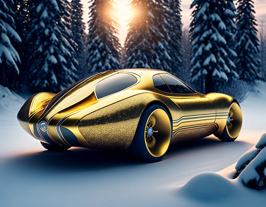 Futuristic gold car in snowy forest at sunset