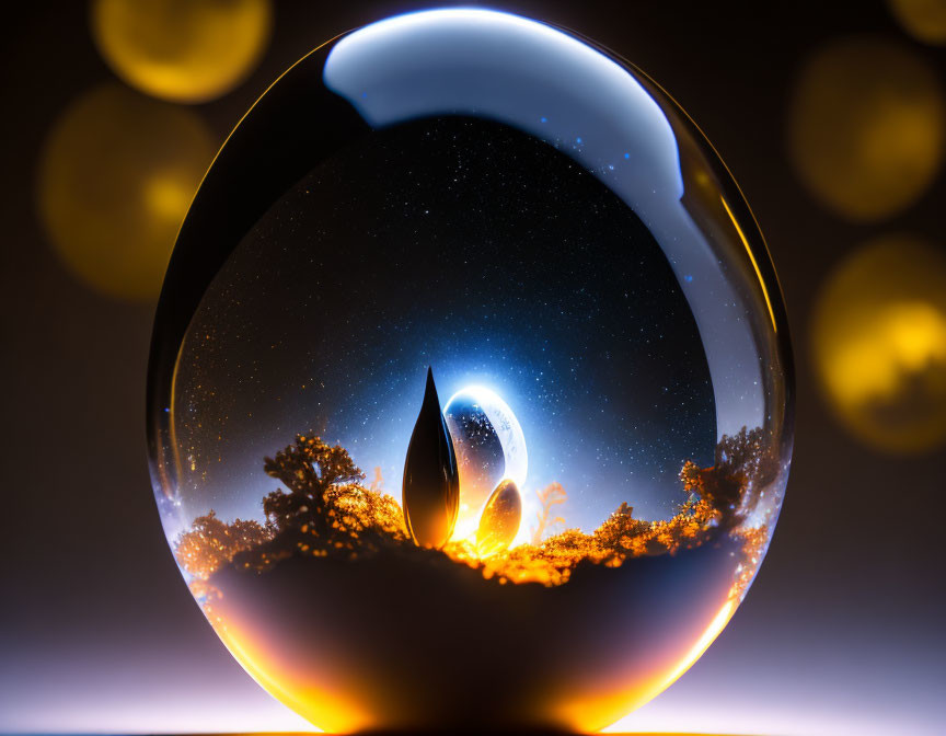 Crystal Ball Reflects Surreal Night Scape with Trees and Stars