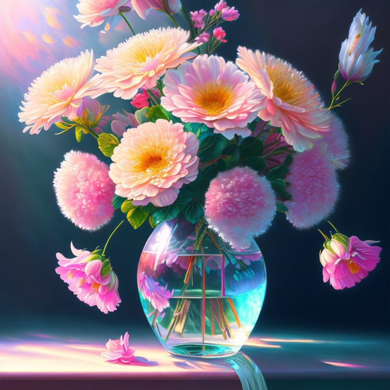 Pink flowers in transparent vase on dark background: dramatic contrast and natural beauty