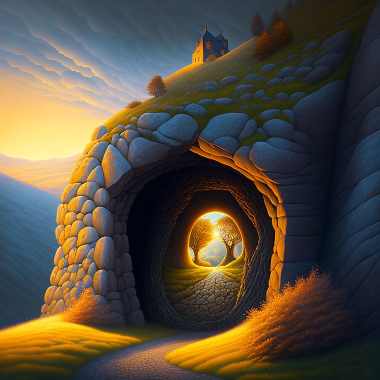Surreal landscape with glowing tree, spiraling rock, golden fields, and distant castle