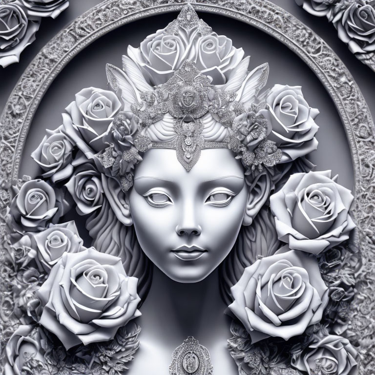Monochrome female face with floral headpiece and roses in ornate setting