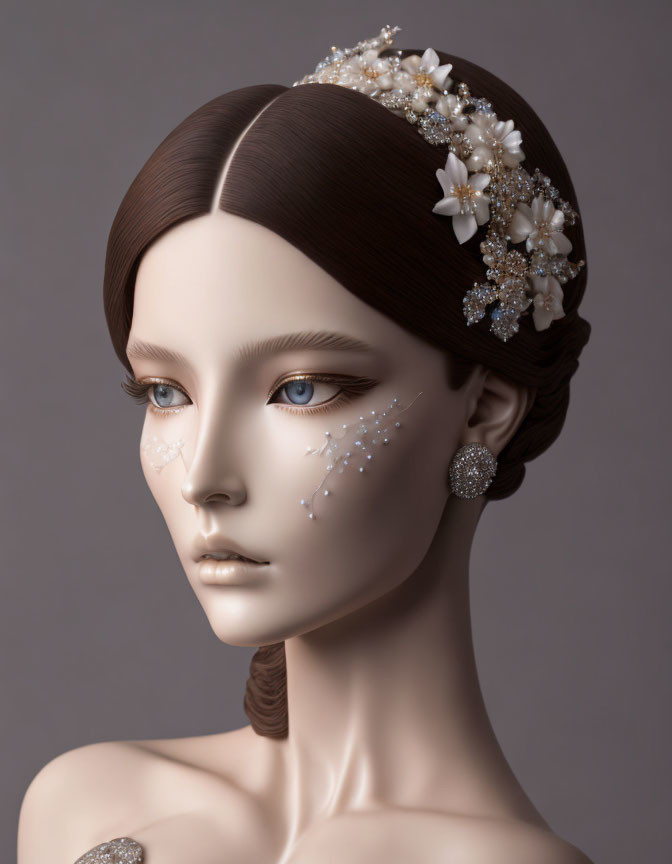 3D-rendered woman with brown hair in bun and floral accessories