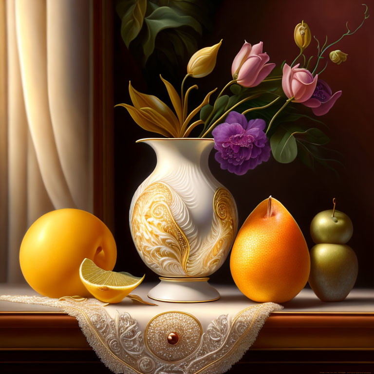 White ornate vase with flowers, lemon, pear, orange on lace-draped table