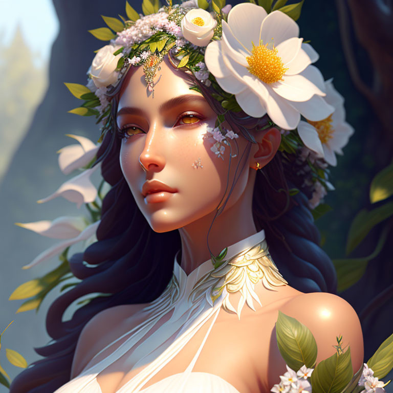 Ethereal woman with floral crown in serene nature backdrop