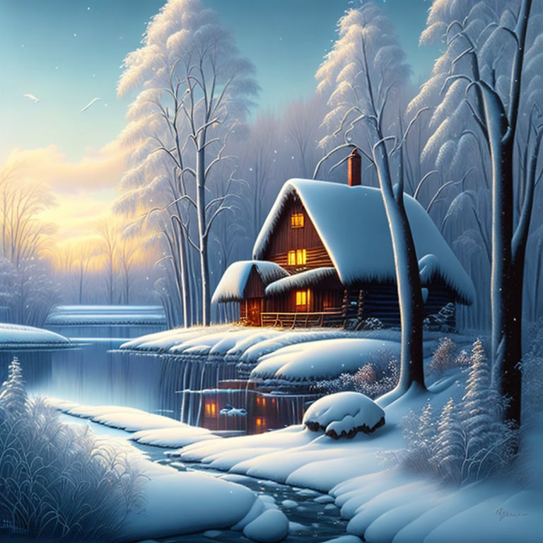 Snowy riverside cabin in tranquil twilight scene
