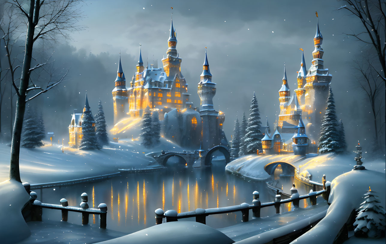 Snowy castle night scene with illuminated grandeur and tranquil river bridge