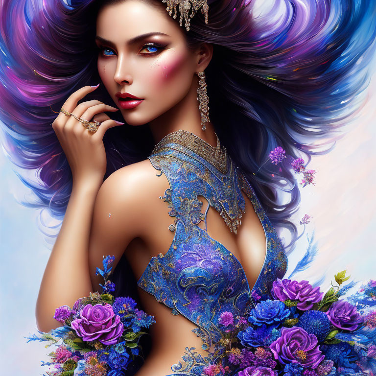 Colorful portrait of woman with intricate floral attire and jewelry