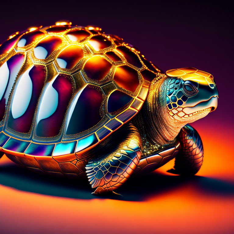 Vibrant digital artwork: Turtle with illuminated shell in orange, gold, and blue